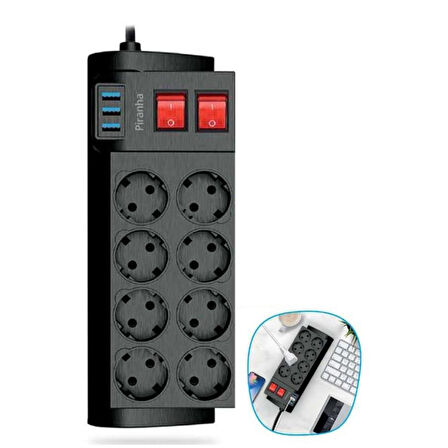 Isıya Dayanıklı Termal Akım Korumalı 2 Metre 16A 4000W 8li Priz ve 3 Usb Li Uzatma Kablosu (4915)