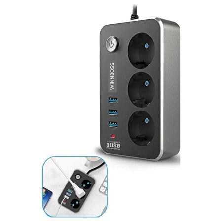 Isıya Dayanıklı Termal Akım Korumalı 2 Mt 10A 2500W 3lü Priz ve 3 Usbi 2.1A Uzatma Kablosu (4915)