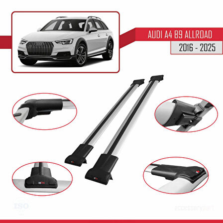 A4 (B9) Allroad 2016 ve Sonrası ile Uyumlu FLY Model Ara Atkı Tavan Barı Gri 2 Adet