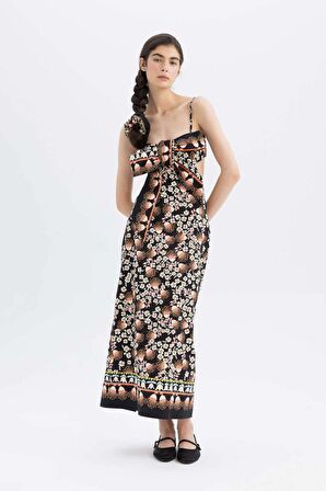 DeFacto Lug Von Siga x DeFacto Bodycon Desenli Askılı Poplin Midi Elbise C1297AX24SMBK81