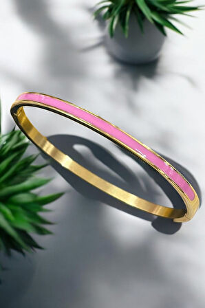 Pembe Şerit Detaylı Gold Çelik Kelepçe Bileklik