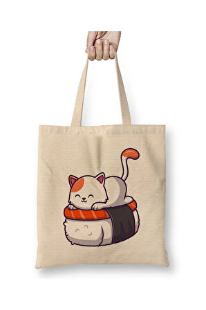Cute Cat Sushi Salmon v5 Beyaz Bez Çanta Uzun Saplı Alışveriş Çantası Plaj Çantası