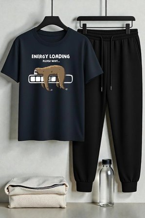 Unisex Energy Loading Tasarım Baskılı Tişört - 2'li Eşofman Takımı
