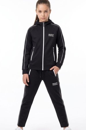 Kız Çocuk Unlimited Şeritli Kapüşonlu Düz Paça Reglan Kol Dalgıç Kumaş Eşofman Takımı ESF7013
