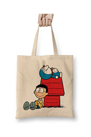 Doraemon Anime Dizi Beyaz Bez Çanta Uzun Saplı Alışveriş Çantası Plaj Çantası