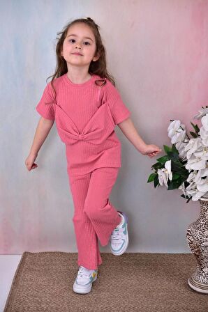 Kız Çocuk Fiyonk Detaylı Düz Renk Alt Üst Takım