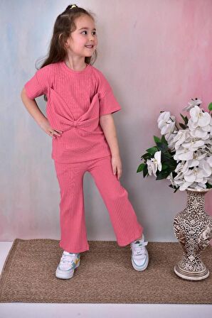 Kız Çocuk Fiyonk Detaylı Düz Renk Alt Üst Takım