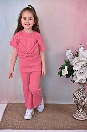 Kız Çocuk Fiyonk Detaylı Düz Renk Alt Üst Takım