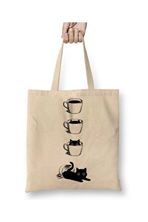 Yaramaz Kedi Kahve FincanıTemalı Beyaz Bez Çanta Uzun Saplı Alışveriş Çantası Plaj Çantası