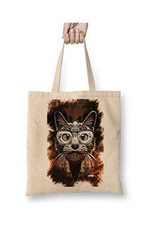 Meraklı Kedi Cat Beyaz Bez Çanta Uzun Saplı Alışveriş Çantası Plaj Çantası