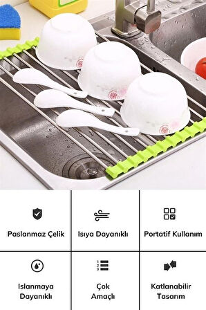 By Nevser® Evye Üstü Katlanır Nihale Paslanmaz Çelik Pratik Sebze Meyve Bulaşık Kurutma Süzgeci