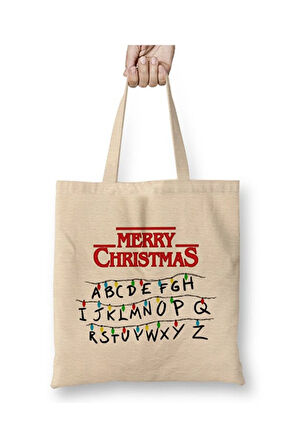 Stranger Things Christmas Yılbaşı Bez Çanta Uzun Saplı Alışveriş Çantası Plaj Çantası