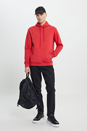 Erkek Kırmızı Standart Fit Normal Kesim Içi Polarlı 3 Iplik Kapüşonlu Pamuklu Sweatshirt