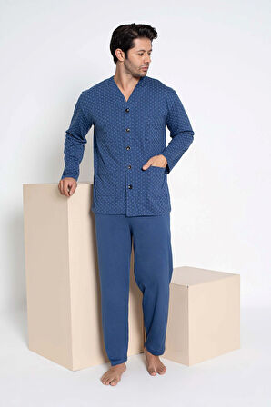 Erkek V Yaka Öden Düğmeli Göğüs Cepli %100 Pamuk Uzun Kol Cepli Pijama Takımı-Dede Hastane Pijaması