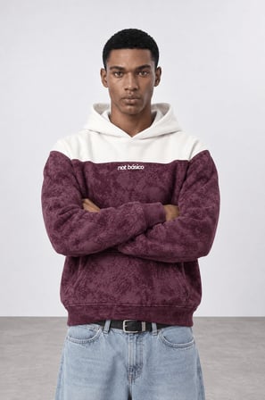 Erkek Not Básico Baskılı Yıkamalı Oversize Hoodie Bordo