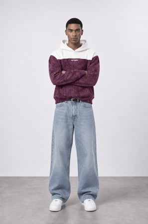 Erkek Not Básico Baskılı Yıkamalı Oversize Hoodie Bordo
