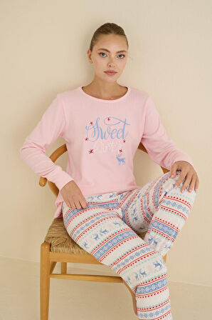 Kadın Bisiklet Yaka Düğmesiz Bilekler Lastikli/Jogger Yumuşak Termal Kışlık Pijama Takımı