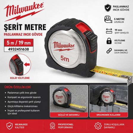 Milwaukee Şerit Metre Paslanmaz Inox Gövde 5/19 mm 4932451638
