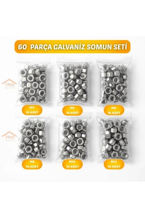 Galvanizli Somun Seti 60 Parça M4 M5 M6 M8 M10 M12