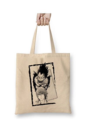 Kira And Ryuk Death Note Beyaz Bez Çanta Uzun Saplı Alışveriş Çantası Plaj Çantası