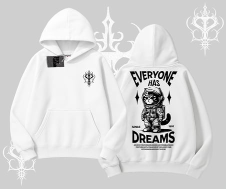 Everyone Has Dreams Yazılı Astronot Kedi Arka Baskılı Kapşonlu Sweatshirt