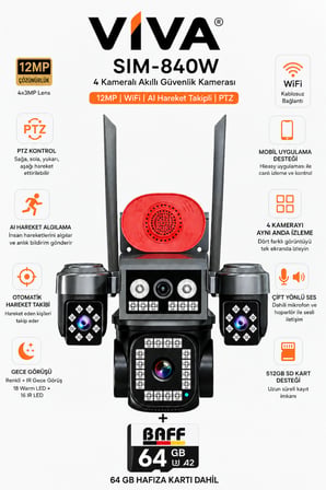 SIM-840W 4 Kameralı Güvenlik Kamerası 12MP WiFi PTZ AI Hareket Takipli Renkli Gece Görüşlü IP Kamera +64GB Hafıza Kart Dahil