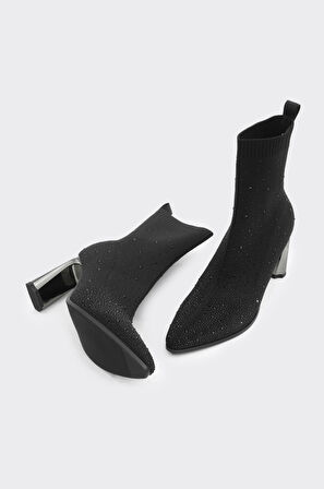 Topuklu Taş Aksesuarlı Streç Kadın Bot