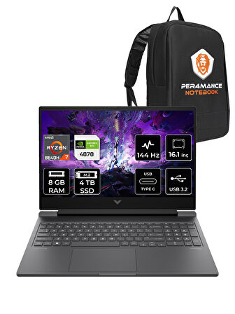 HP VİCTUS 16 R7 8840H 8GB 4TB SSD RTX4070/8GB 144HZ 16.1'' FHD FDOS A05N6EA & PER4 ÇANTA