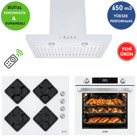 Alveus AFM Serisi RM3 Beyaz Cam Turbo+Soğutma Dijital Doku. 3'lü Ankastre Set (Fırın+Ocak+Davlumbaz