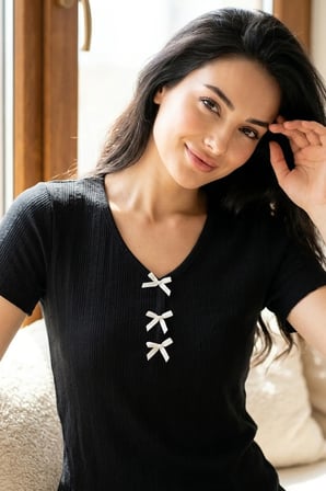 Kadın Bambu Viskon Transfer Ribana Kısa Kollu Düğmeli Pijama Takımı