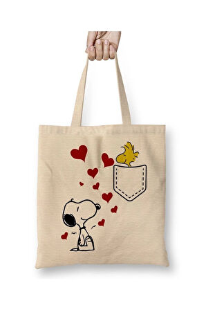Love Snoopy Beyaz Bez Çanta Uzun Saplı Alışveriş Çantası Plaj Çantası