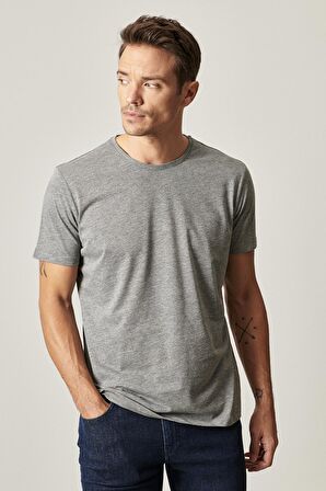Erkek Siyah-Haki-Gri Melanj Slim Fit Bisiklet Yaka 3'lü %100 Pamuk Tişört Paketi