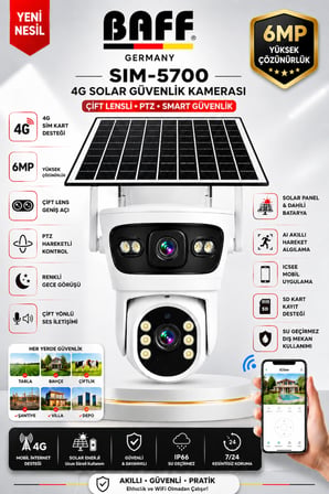 Baff SIM-5700 6MP 4G SIM Kartlı Solar Güvenlik Kamerası Çift Lens PTZ Renkli Gece Görüşlü Dış Mekan (ICSEE)