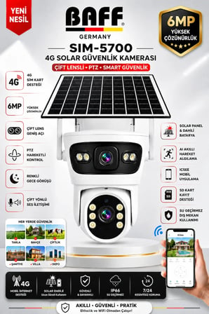 SIM-5700 6MP 4G SIM Kartlı Solar Güvenlik Kamerası Çift Lens PTZ Renkli Gece Görüşlü Dış Mekan (ICSEE)