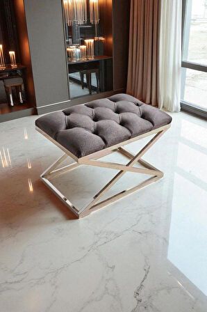 Delano X Bench Puf – 40 x 60 cm Krom Metal Ayaklı, Babyface Kumaş, 44 cm Yükseklik