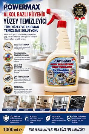 POWERMAX Alkol Bazlı Hijyenik Yüzey Temizleyici 1000 ml x2 Set Çok Amaçlı Yüzey Temizleyici