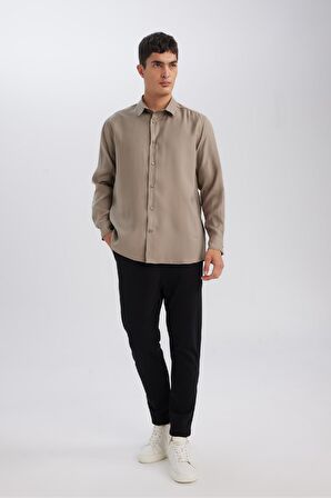 DeFacto Relax Fit Polo Yaka Twill Modal Karışımlı Basic Düz Uzun Kollu Gömlek D3376AX24AUKH466