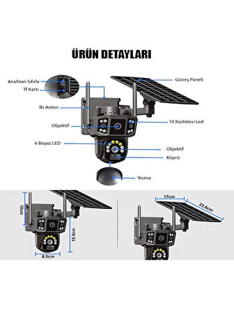 Solar Kamera Güneş Enerjili 1080p Full HD Çift Kameralı Extra Led Alarm Ses Akıllı Güvenlik Kamerası