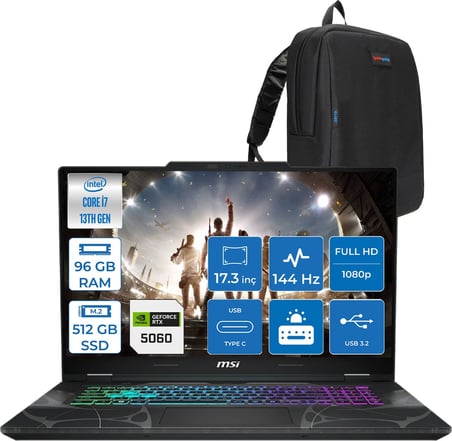 MSI Msı Cyborg 17 Intel Core I7 13620H  96GB Ddr5 512GB SSD RTX5060 Gddr7 8gb Freedos 17.3" Fullhd (1920X1080) 144HZ IPS Taşınabilir Bilgisayar B13WFKG210XTRF37 + Zetta Çanta