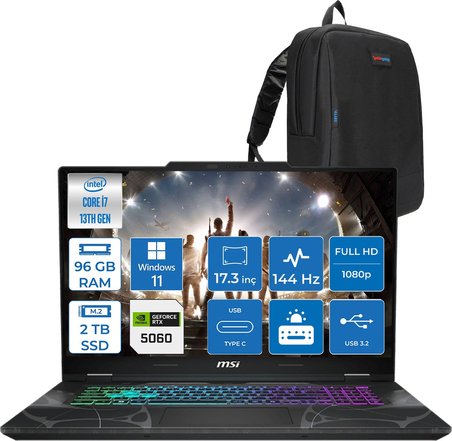 MSI Msı Cyborg 17 Intel Core I7 13620H  96GB Ddr5 2tb SSD RTX5060 Gddr7 8gb Windows 11 Home 17.3" Fullhd (1920X1080) 144HZ IPS Taşınabilir Bilgisayar B13WFKG210XTRH39 + Zetta Çanta