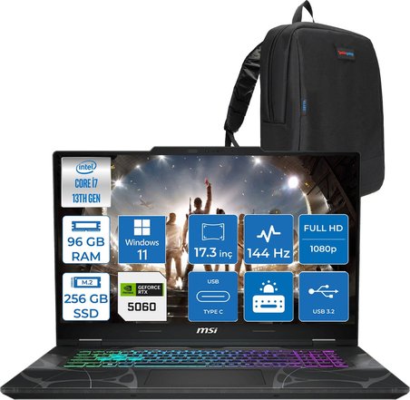MSI Msı Cyborg 17 Intel Core I7 13620H  96GB Ddr5 256GB SSD RTX5060 Gddr7 8gb Windows 11 Pro 17.3" Fullhd (1920X1080) 144HZ IPS Taşınabilir Bilgisayar B13WFKG210XTRP36 + Zetta Çanta