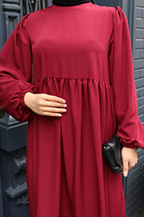 KADIN Bordo Robalı Hat Belli Etmeyen Medine İpeği Tesettür Elbise mdn4430