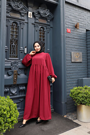 KADIN Bordo Robalı Hat Belli Etmeyen Medine İpeği Tesettür Elbise mdn4430