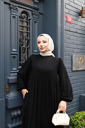 KADIN Siyah Robalı Hat Belli Etmeyen Medine İpeği Tesettür Elbise mdn4421