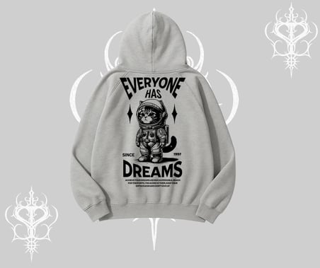 Everyone Has Dreams Yazılı Astronot Kedi Arka Baskılı Kapşonlu Sweatshirt