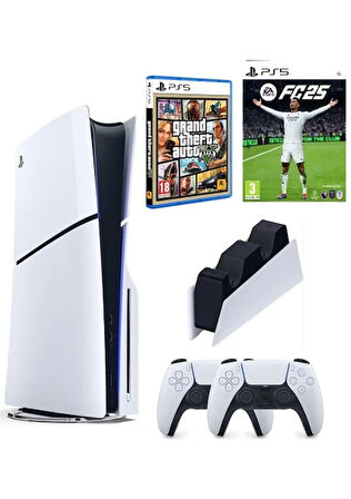 Sony Playstation 5 Slim + 2.kol Dualsense + Ps5 Şarj Istasyonu + Ps5 Gta 5 + Ps5 FC25 ( Ithalatçı Garantili )