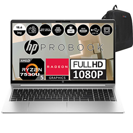 Hp Probook 455 G10 Amd Ryzen 5 7530U 16GB 256GB SSD Amd Radeon™ Graphics Freedos 15.6" Fhd Taşınabilir Bilgisayar 854S1ESF06+ Zetta Çanta