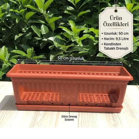 50 cm Kendinden Tabaklı Drenajlı Balkon Saksısı - 9,5 Litre Hacimli Plastik Çiçek Saksısı