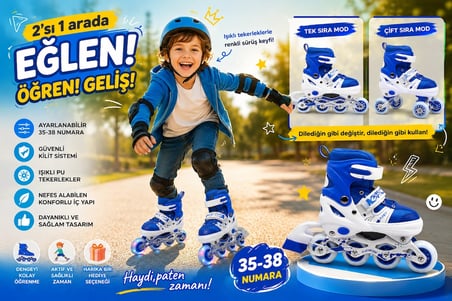 Ayarlanabilir Çocuk Pateni 35-38 Numara – 2’si 1 Arada Inline & Çift Teker Modu | Işıklı Pu Tekerlek | Mavi