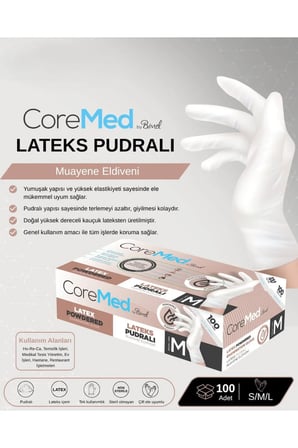 Coremed Lateks Pudralı Muayene Eldiveni M Beden, 2000 Adet Koli (20 paket)